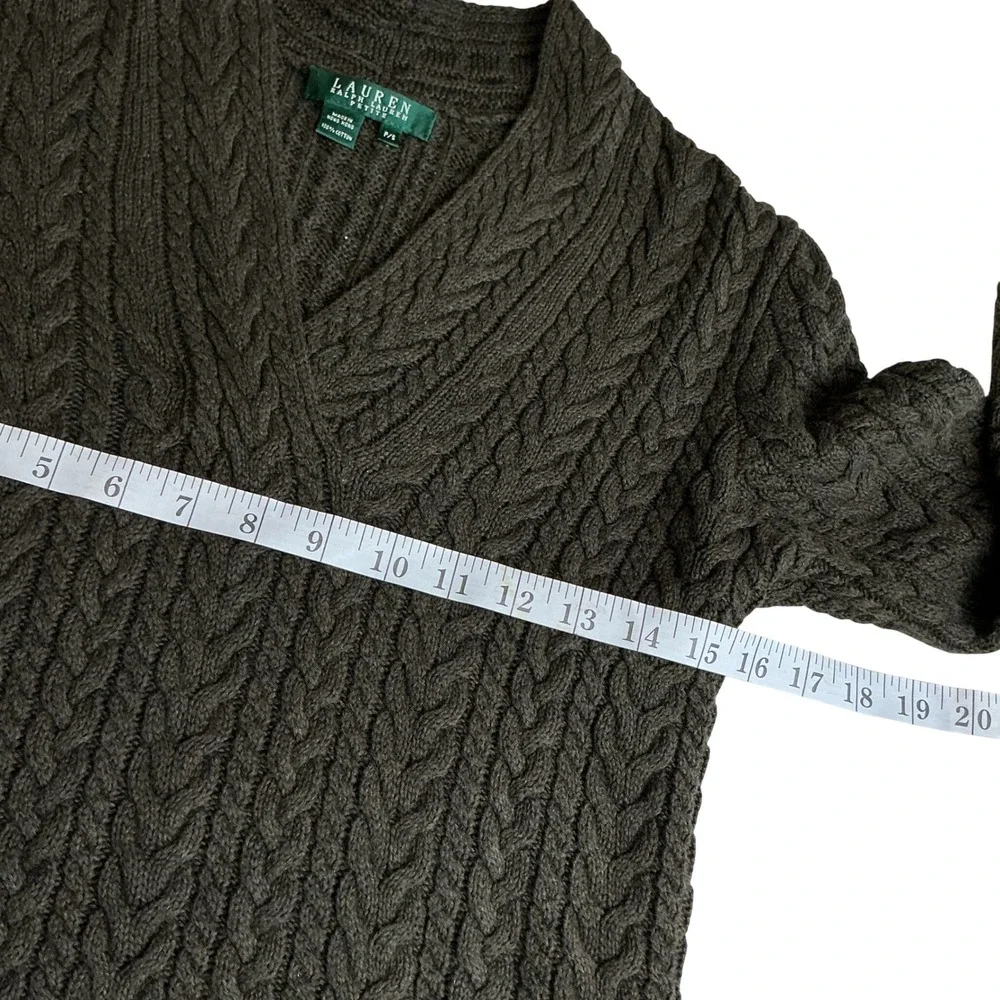 Lauren‎ Ralph Lauren Petite Olive Green Cable Knit Surplice V-Neck Sweater P/S